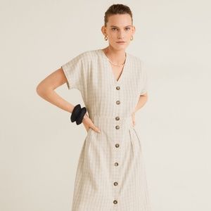 Cream Linen Short Sleeve Buttoned Midi Dress